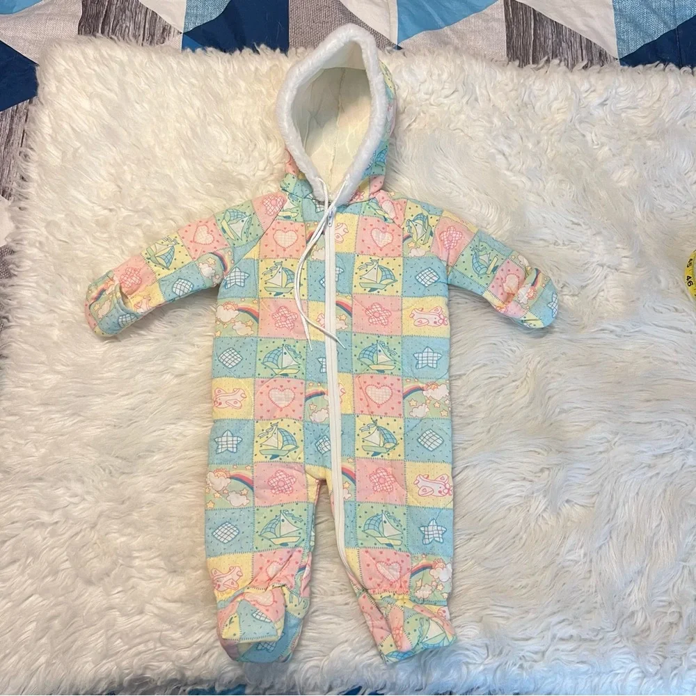 Vintage Baby Bunting Snowsuit 0-6 months Patchwork Pastel Colors Please Read